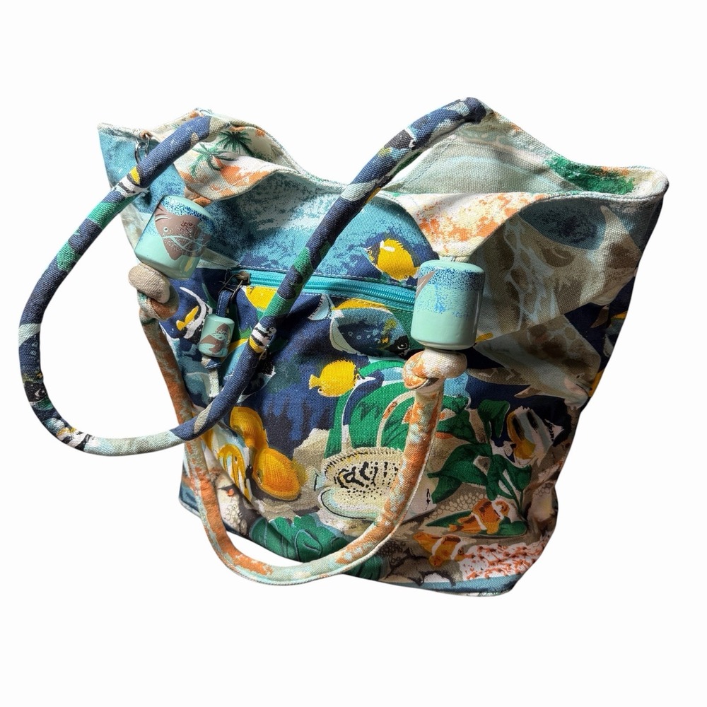Tropical Fish Canvas Tote Bag w/ Matching Coin Purse Wooden Beads Coastal
